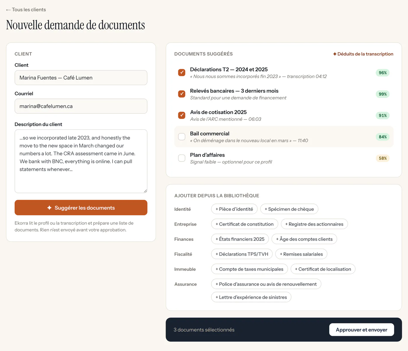 Écran d’Ekorra : liste de documents proposée par l’IA, chaque ligne accompagnée d’une citation tirée de la transcription de l’appel.